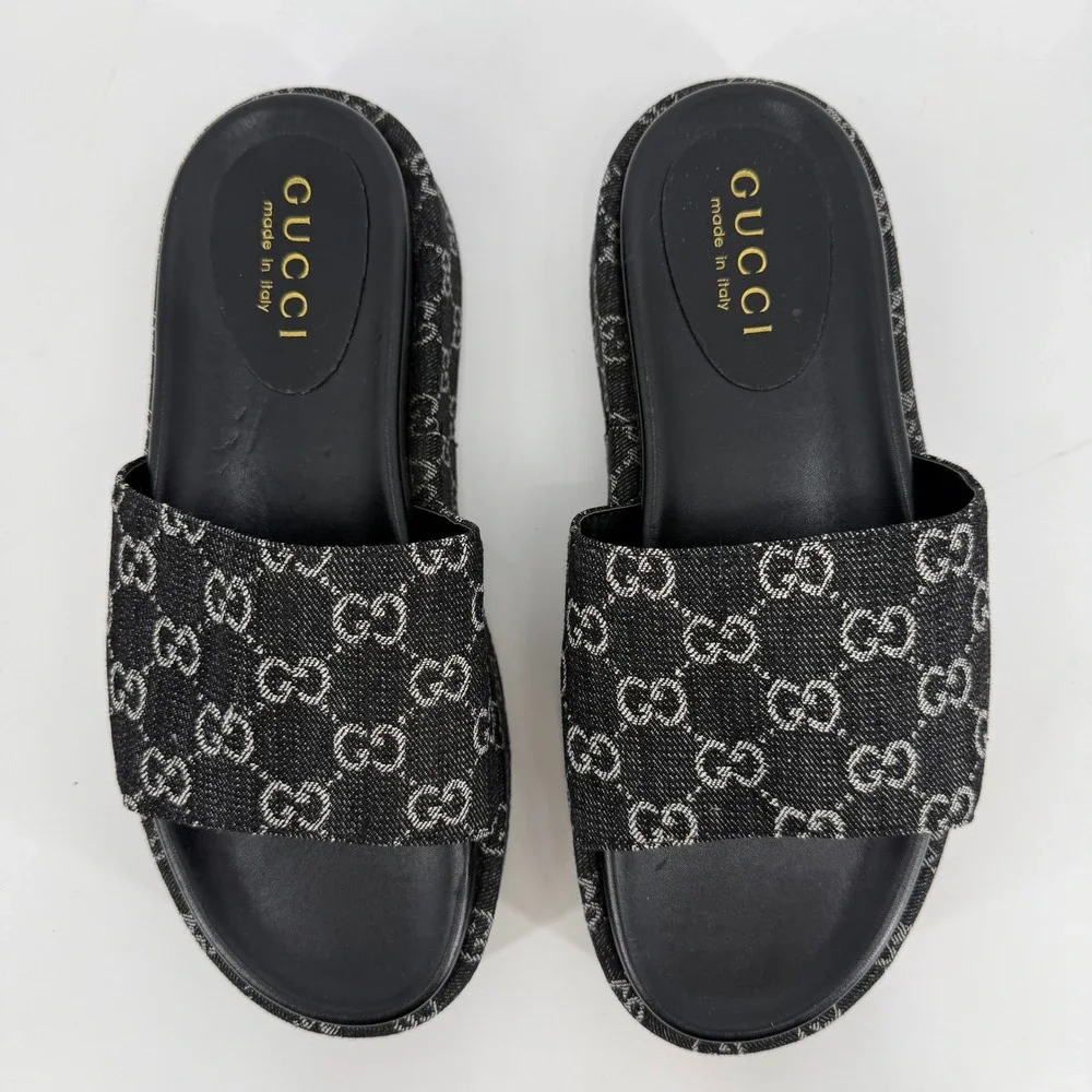 Gucci Platform Slides Womens 42/US 12 Black GG Monogram Denim Sandals Condition